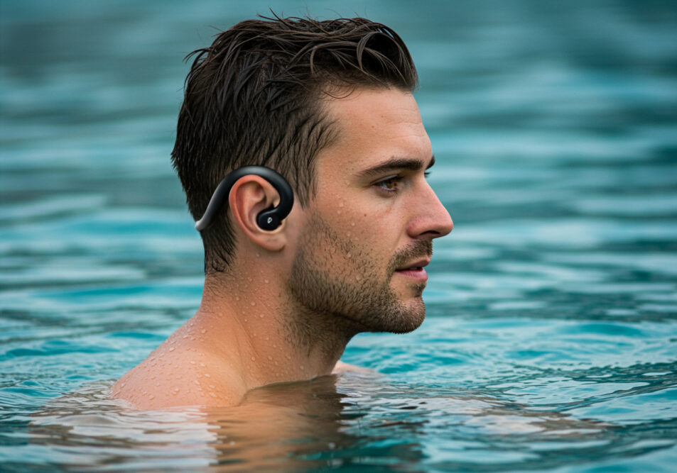 Mann trägt wasserdichte Kopfhörer im Swimming Pool
