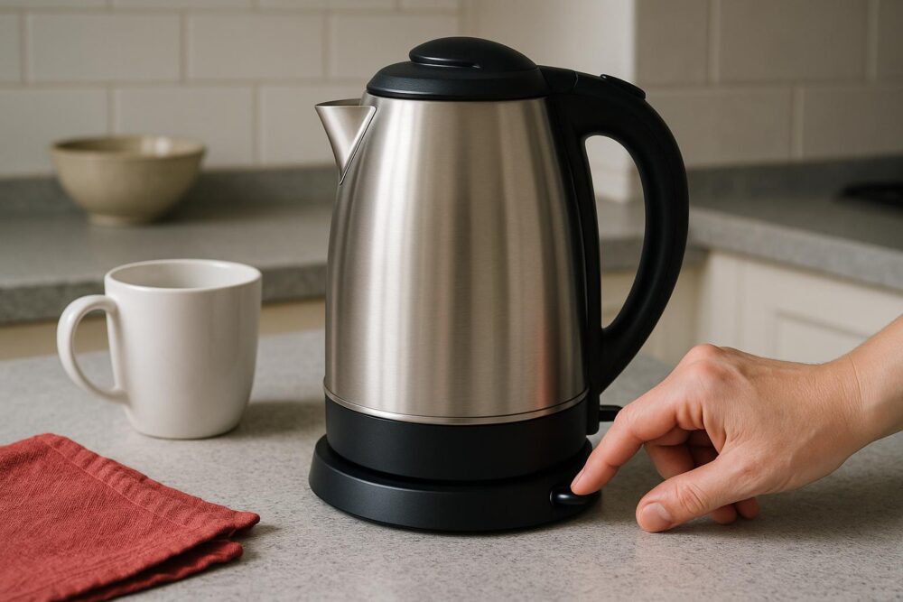 Wasserkocher auf seinem Sockel neben einer Tasse in einer benutzten Küche