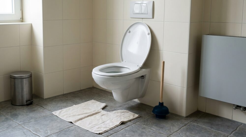 Toilette mit erhöhtem Wasserstand und bereitstehender Saugglocke
