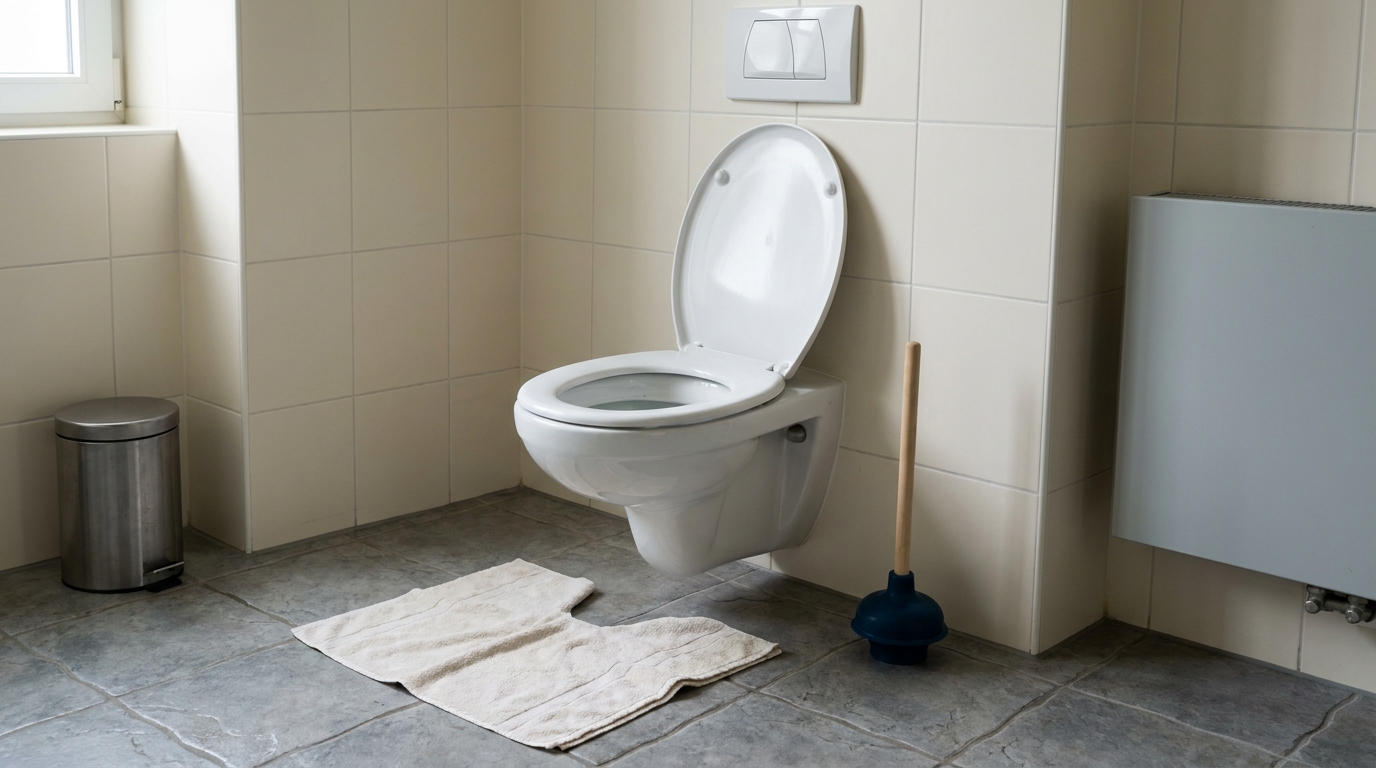 Toilette mit erhöhtem Wasserstand und bereitstehender Saugglocke