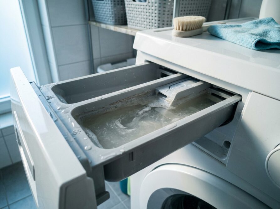 Waschmittelschublade mit stehendem trübem Wasser im Weichspülerfach