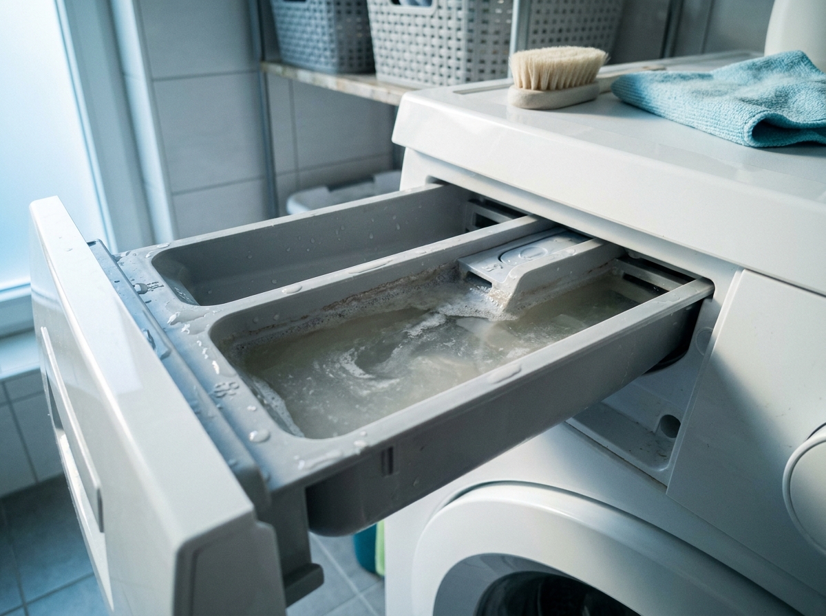 Waschmittelschublade mit stehendem trübem Wasser im Weichspülerfach