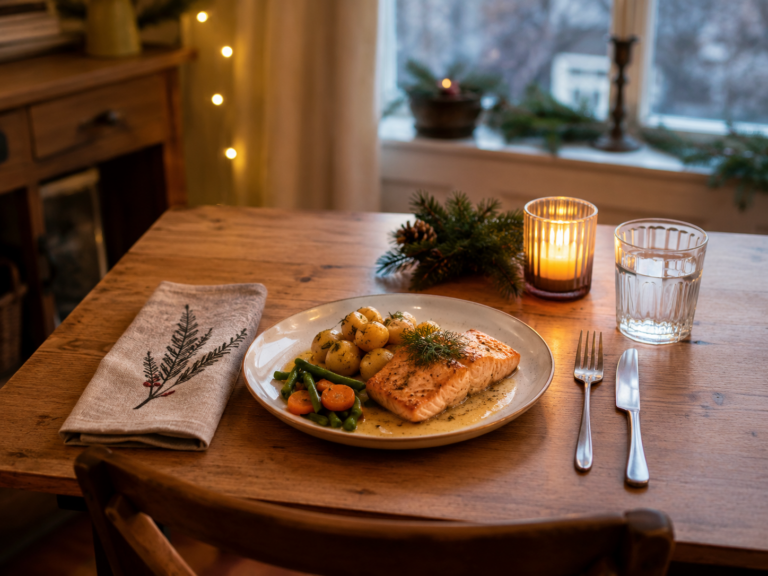 Festlich gedeckter Tisch mit Lachs, Kartoffeln und Gemüse für eine Person