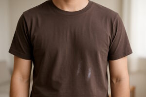 Weiße Streifen auf einem T-Shirt als Hinweis von Waschmittelrückständen.
