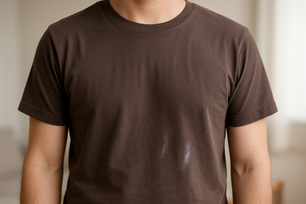 Weiße Streifen auf einem T-Shirt als Hinweis von Waschmittelrückständen.