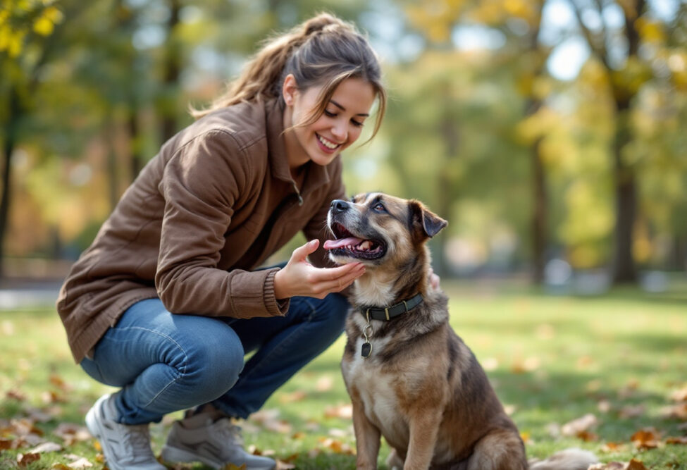 Eine Frau trainiert ihren Hund mit grundlegenden Kommandos in einem herbstlichen Park.