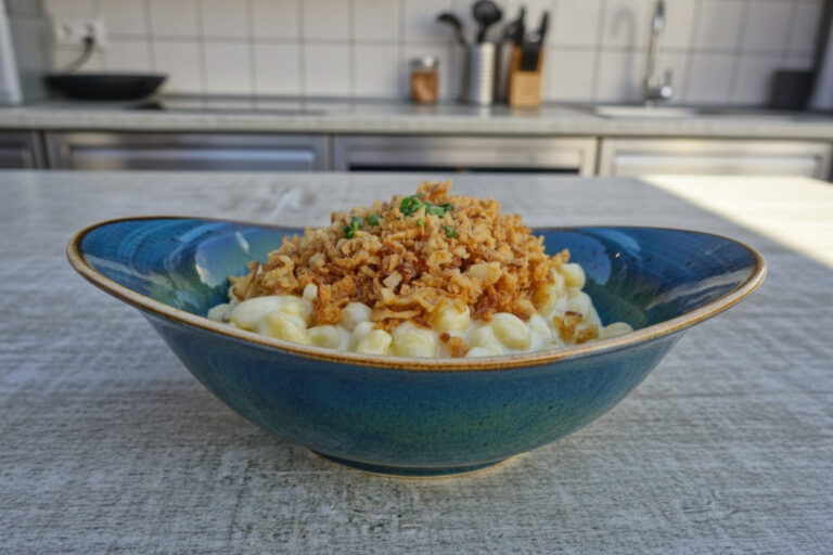 Cremige Käsespätzle in blauer Schale mit Röstzwiebeln.