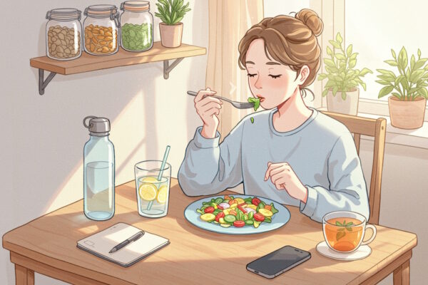 Junge Frau sitzt achtsam an einem Holztisch und isst einen bunten Salat – eine Illustration zum Thema weniger essen Tipps. Daneben stehen ein Glas Zitronenwasser, eine Wasserflasche, ein Notizbuch, eine Tasse Tee und ein Smartphone; im Hintergrund Regalgläser mit Nüssen und grüne Pflanzen.