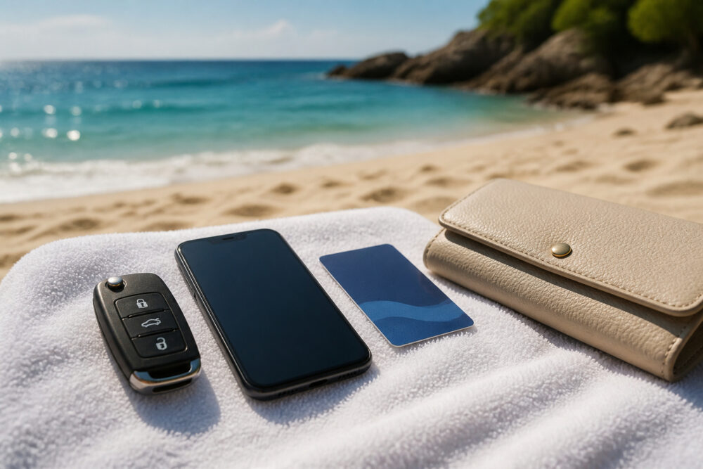 Smartphone, Autoschlüssel, Bankkarte und Geldbörse liegen unbeaufsichtigt auf einem Strandhandtuch