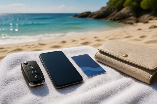 Smartphone, Autoschlüssel, Bankkarte und Geldbörse liegen unbeaufsichtigt auf einem Strandhandtuch