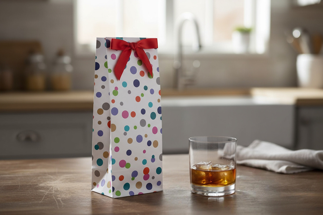 Whisky als Geschenk: bunte Flaschentasche mit roter Schleife neben einem Tumbler mit Whisky und Eis auf einem Holztisch in einer hellen Küche