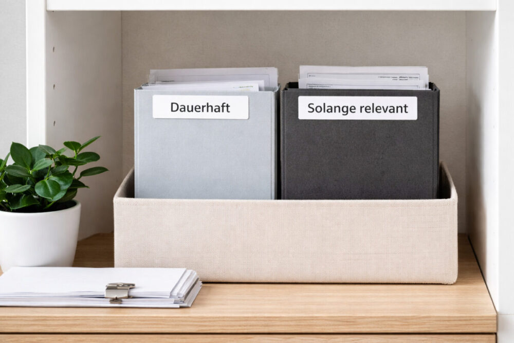 Wichtige Unterlagen privat aufbewahren mit zwei Mappen für dauerhaft und solange relevant
