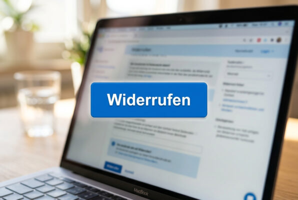 Blauer Widerrufsbutton mit der Aufschrift „Widerrufen“ auf dem Bildschirm eines Laptops.