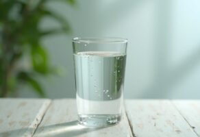 Ein Glas klares Wasser auf einem Holztisch, symbolisch für die Frage: Wie lange kann man Wasserfasten?