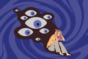 Illustration: sitzende Person hält den Kopf, dunkle „Augen“-Wolke im Hintergrund - Symbolbild für Überforderung und wie man mit Angstgefühlen umgeht, Strategien gegen innere Unruhe.