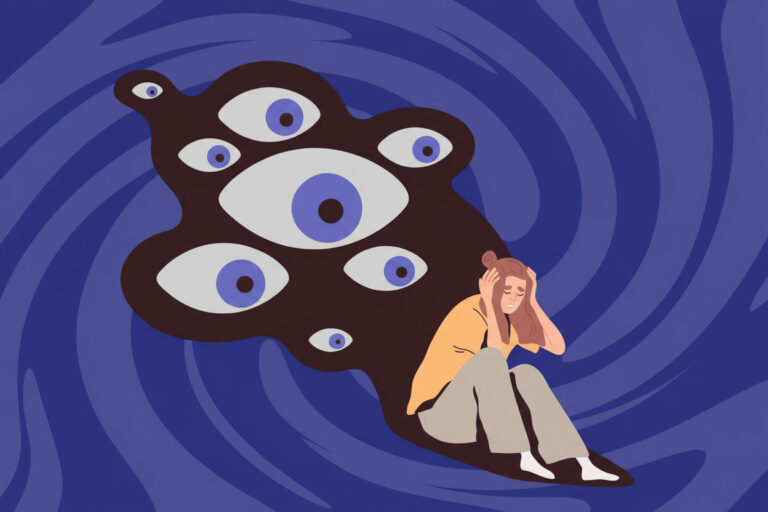 Illustration: sitzende Person hält den Kopf, dunkle „Augen“-Wolke im Hintergrund - Symbolbild für Überforderung und wie man mit Angstgefühlen umgeht, Strategien gegen innere Unruhe.