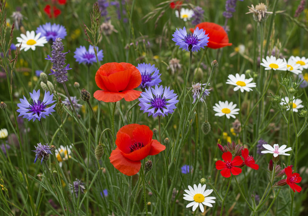 Ausschnitt einer Wildblumenwiese mit Mohn, Kornblumen und Gänseblümchen und anderen wilden Blüten.