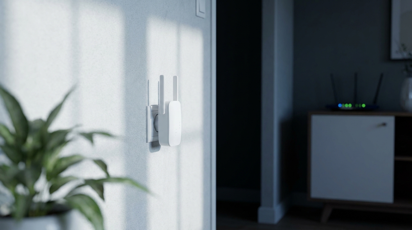 WLAN-Repeater in einer Wandsteckdose im Flur zwischen Wohnzimmer und dunklerem Gangbereich