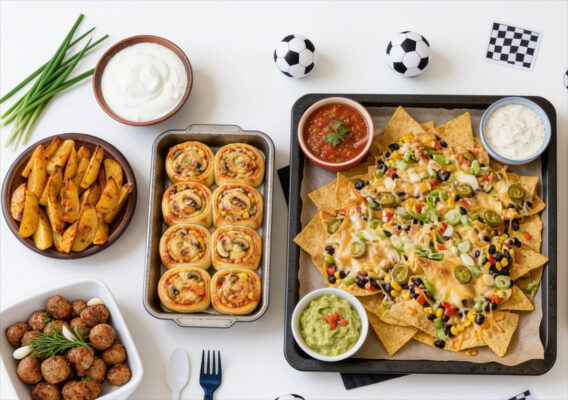 Snack-Tisch für einen Fußballabend mit Nachos, Pizzaschnecken, Kartoffelspalten, Mini-Frikadellen und Dips.