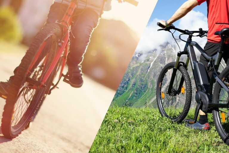 Geteiltes Bild, links E-Bike rechts Fahrrad