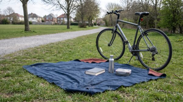 Picknickdecke mit Buch, Trinkflasche und Fahrrad in einem wohnungsnahen Park