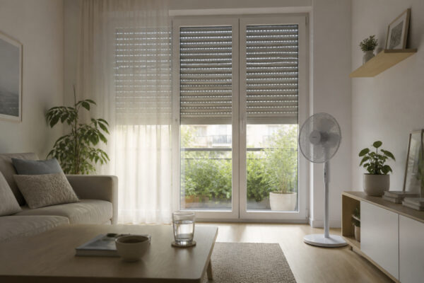 Helles Wohnzimmer mit halb geschlossenem Rollladen und Ventilator an einem heißen Sommertag