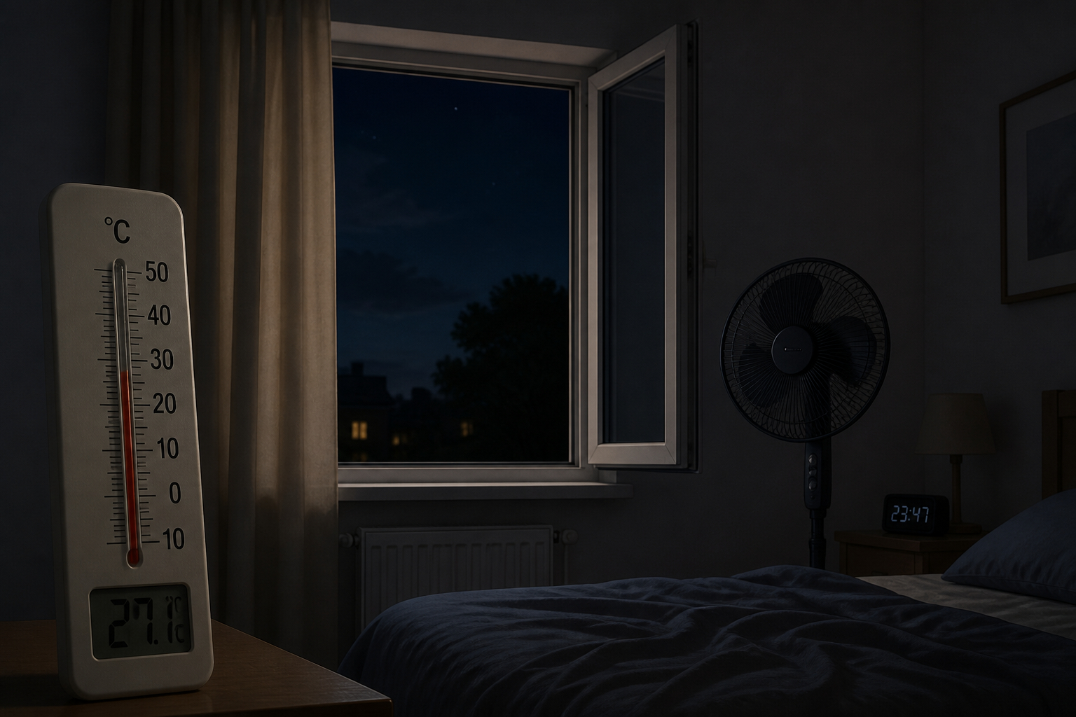 Offenes Schlafzimmerfenster bei Nacht und Thermometer mit 27 Grad im Raum