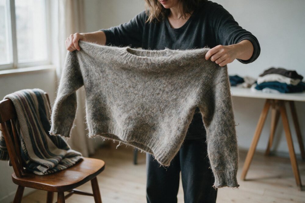 Frau hält einen eingelaufenen grauen Wollpullover und prüft seine Form