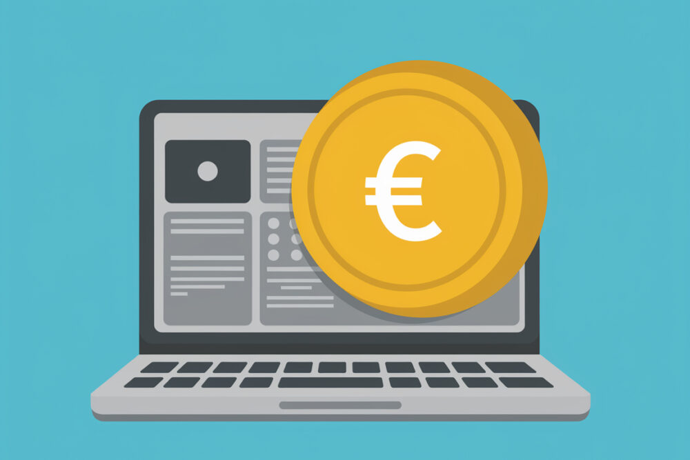 Illustration eines Laptop und einer großen Euromünze - symbolisch für Zahlen ohne Paypal-Konto.