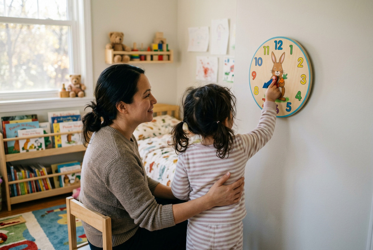 Zeitumstellung mit Kindern: Mutter hilft einem Kind im Kinderzimmer beim Einstellen einer Lernuhr.