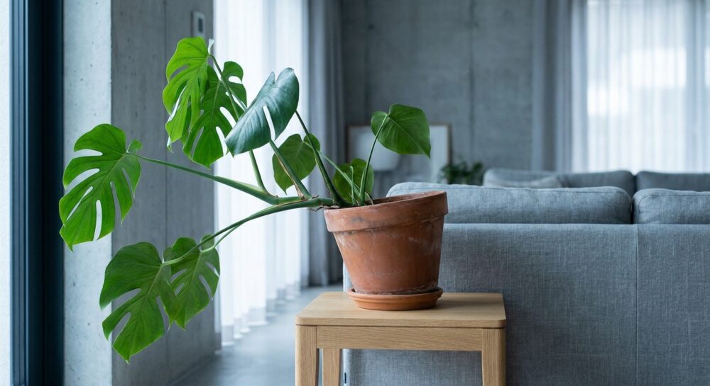Eine Monstera Deliciosa neigt sich in einem modernen Wohnzimmer leicht zur Seite, um mehr Licht zu erhalten.