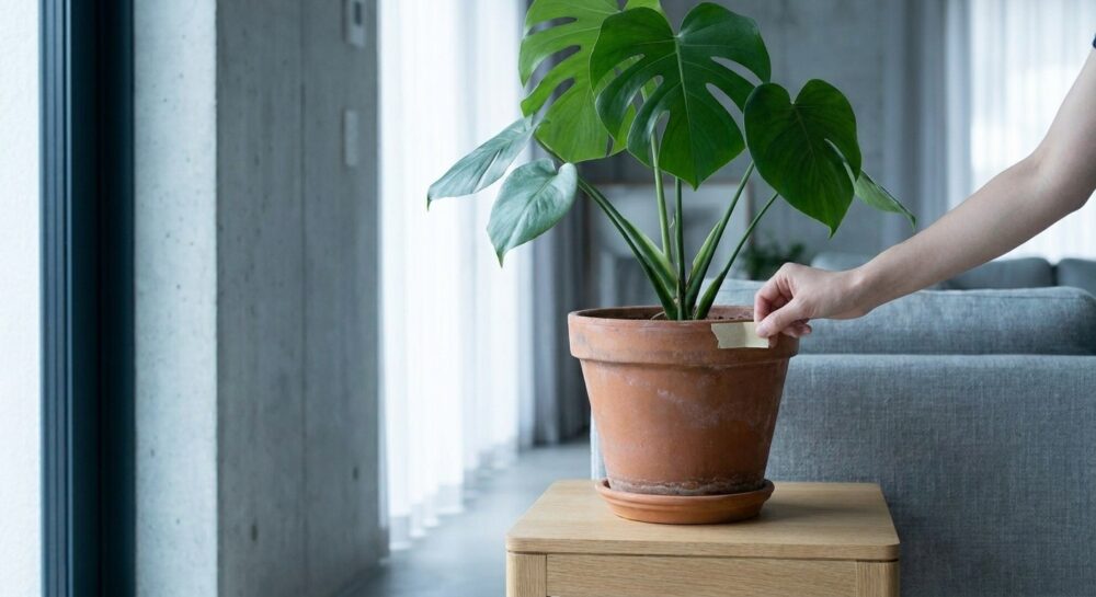 Eine Hand klebt einen kleinen Streifen Klebeband an den Rand eines Blumentopfs, um die Rotation zu markieren.
