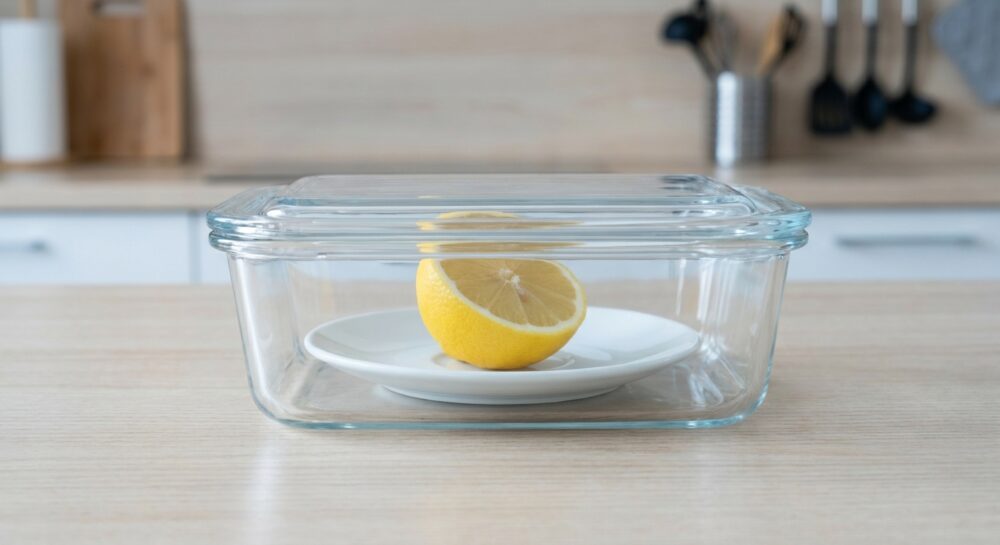 Eine angeschnittene Zitrone liegt mit der Schnittfläche nach unten auf einem kleinen weißen Teller in einer luftdichten Glasdose auf einer hellen Küchenarbeitsplatte.