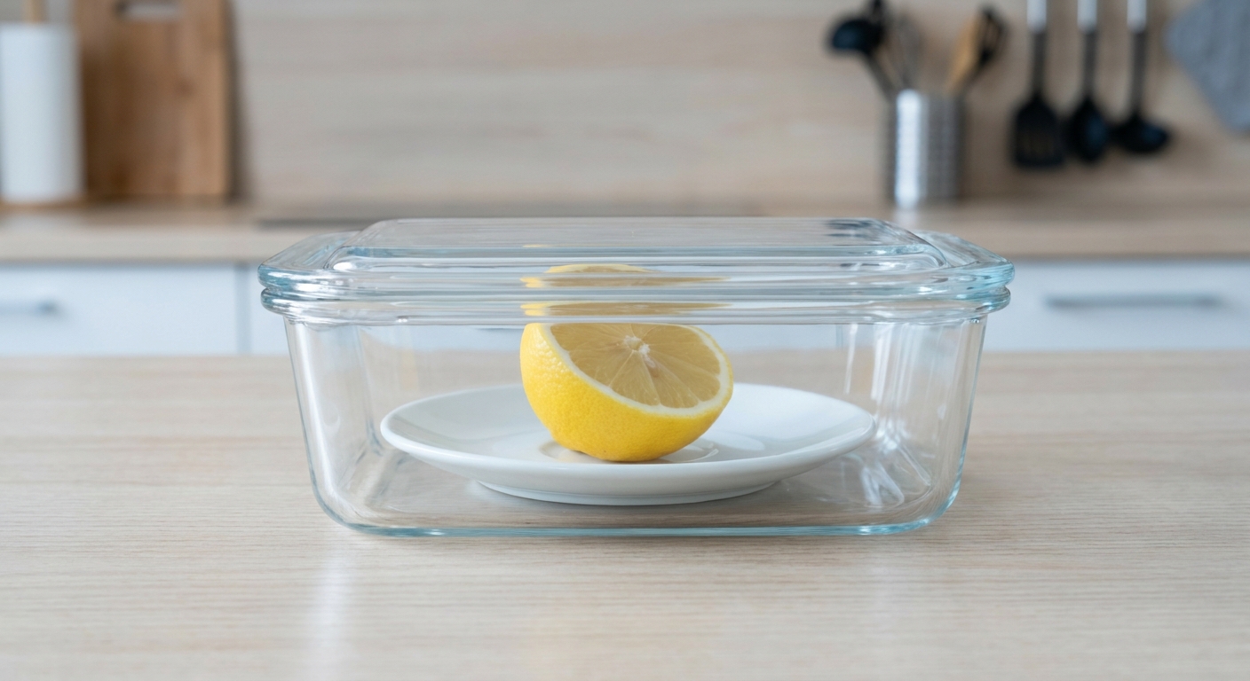 Eine angeschnittene Zitrone liegt mit der Schnittfläche nach unten auf einem kleinen weißen Teller in einer luftdichten Glasdose auf einer hellen Küchenarbeitsplatte.