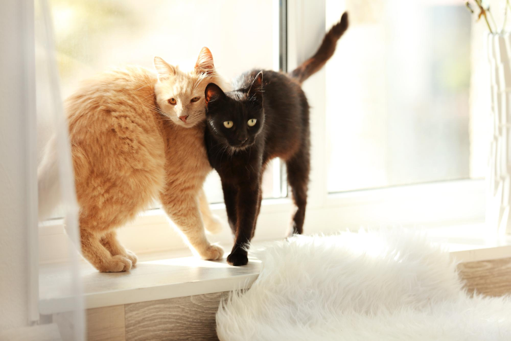 Zweitkatze eingewöhnen: rote und schwarze Katze stehen eng zusammen am Fenster